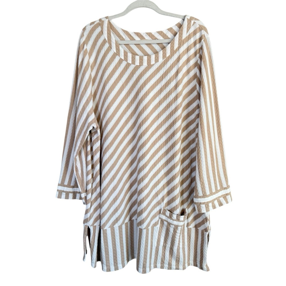 Soft Surroundings Women's Beige White Stripe Glorieta Tunic Crew Neck Size 2X